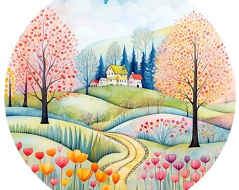 10 Folk Art Spring Landscape Watercolor Clipart Circle Graphics - Printable PNG Files Transparent Background
