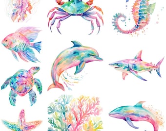 10 Watercolor Preppy Ocean Animals Clipart Graphics – Printable PNG Files, Transparent Background, Digital Download