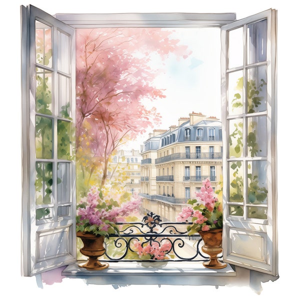 10 Vista de la ventana de París vol. 2 Gráficos de imágenes prediseñadas de acuarela - Archivos PNG imprimibles para uso comercial Fondo transparente - Tarjetas, Diarios