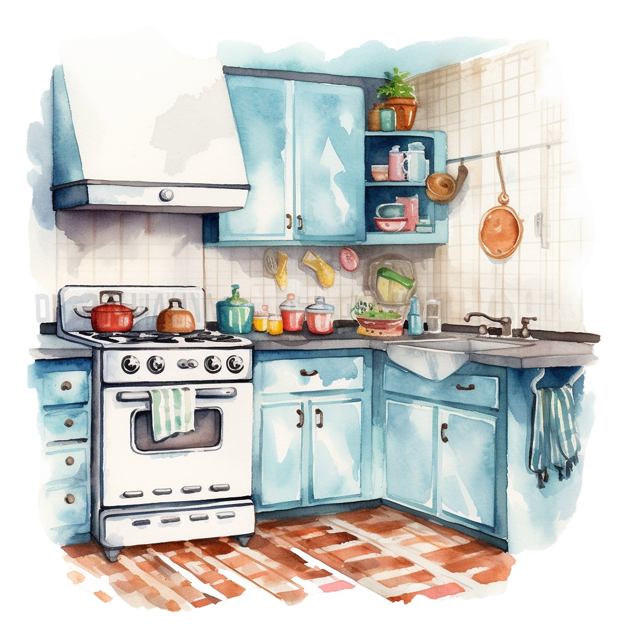 10 Cute Retro Kitchen Clipart Watercolor Graphics Digital Etsy