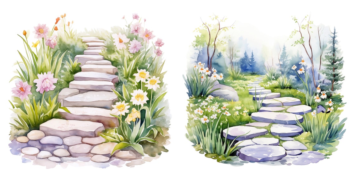 10 Watercolor Garden Stepping Stones Clipart Graphics Printable PNG ...