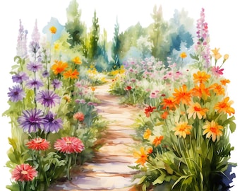 10 imágenes prediseñadas de jardines de verano en acuarela: archivos PNG imprimibles con fondo transparente - Manualidades, tarjetas