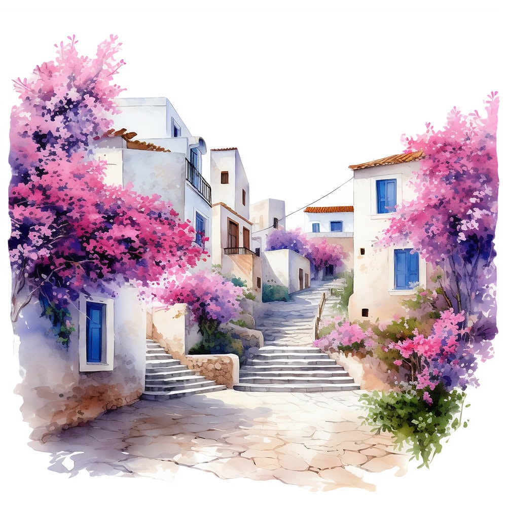 水彩画風ギリシャ村風景クリップアート10点 - 印刷可能なPNGファイル