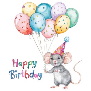 10 mignon joyeux anniversaire souris aquarelle graphiques Clipart Bundle - fichiers PNG numériques fond Transparent - cartes d'anniversaire, Papercraft