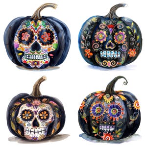 10 Watercolor Sugar Skull Pumpkins Clipart Graphics - Printable PNG ...