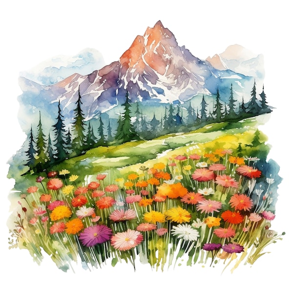 10 Aquarell Alpenblumen Landschaft Clipart - Digitaler Download PNG-Dateien für den kommerziellen Gebrauch Transparenter Hintergrund - Papierkraft, Journaling