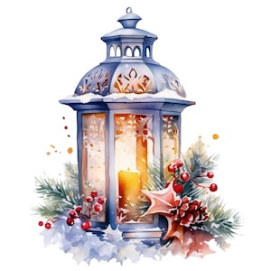 6 Watercolor Christmas Lanterns Clipart Graphics - Digital Download PNG Files For Commercial Use Transparent Background - Cards, Journals