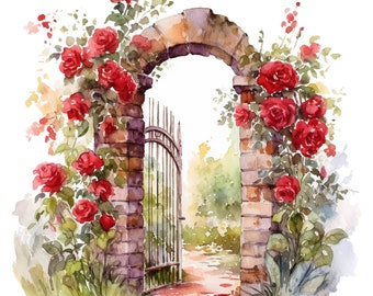 10 Cottagecore Garden Gate Watercolor Clipart - Digital Download PNG Files For Commercial Use Transparent Background - Papercraft, Cards
