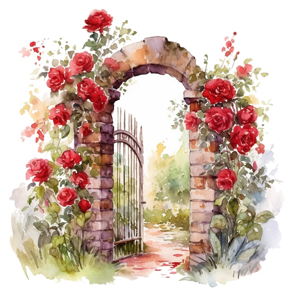 10 Cottagecore Garden Gate Watercolor Clipart - Digital Download PNG Files For Commercial Use Transparent Background - Papercraft, Cards