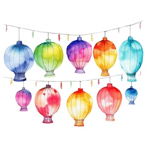 16 Party Lanterns Clipart Watercolor Graphics - Digital Download PNG Files For Commercial Use Transparent Background - Cards, Papercraft