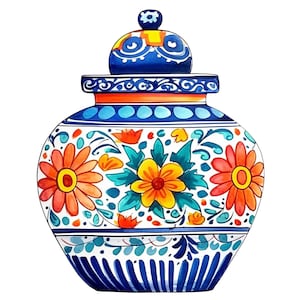 May include: A decorative ceramic jar with a lid, featuring a vibrant floral design. The jar is painted with orange, yellow, and blue flowers, set against a white background. The lid and base have blue and orange accents, creating a colorful, eye-catching piece.