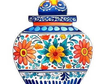 12 Talavera Clipart, Ginger Jar Pitcher Planter Watercolor Graphics - Digital Download PNG Files For Commercial Use Transparent Background