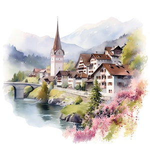 6 Watercolor Swiss Village Clipart Graphics - Printable PNG Files For Commercial Use Transparent Background - Papercraft, Cards, Journals