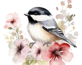 May include: A watercolor painting of a small bird perched on a cluster of pink and red flowers. The bird has black and white feathers and a yellow breast. The flowers are surrounded by green leaves.