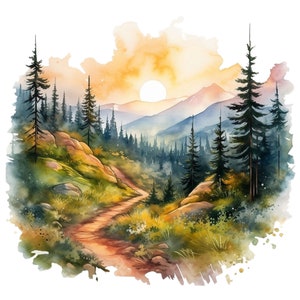Op de afbeelding: Een aquarel schilderij van een bospad dat door een berglandschap loopt. Het pad slingert door een weelderig groen bos met hoge bomen en rotsen. De zon gaat in de verte onder en werpt een warme gloed over het tafereel.