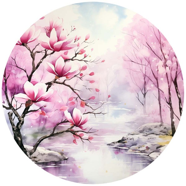 10 Magnolia Dreamscapes Watercolor Clipart Circle Graphics - Printable PNG Files Transparent Background - Stickers, Magnets, Gift Tags