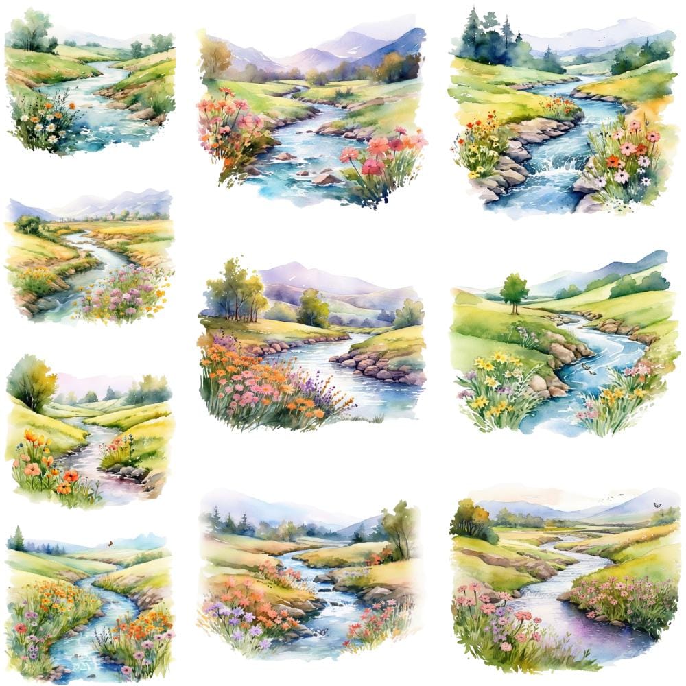 水彩画風の川谷風景クリップアート10点 - PNGファイル、デジタル