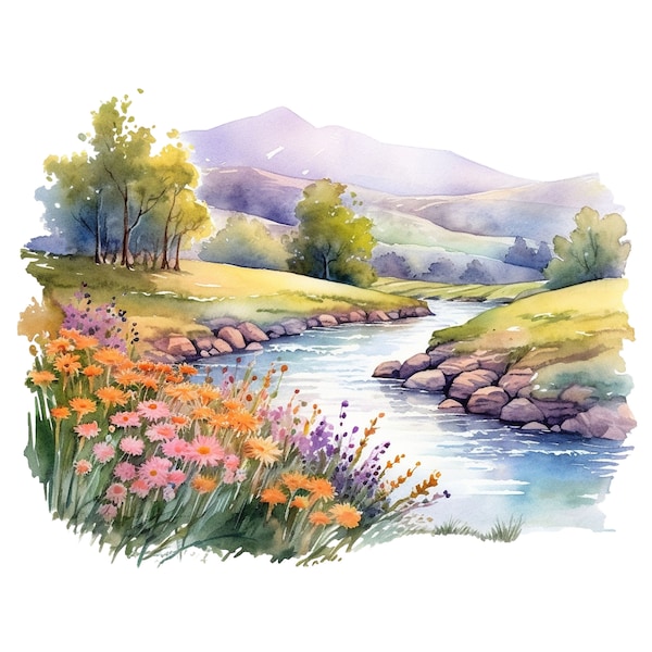 10 Watercolor River Valley Scenery Clipart - Digital Download PNG Files For Commercial Use Transparent Background - Papercraft, Journaling