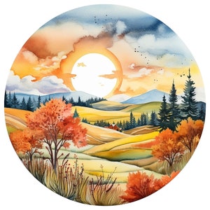 10 gráficos de clipart de aquarela de paisagem de lua de colheita de outono - arquivos PNG imprimíveis fundo transparente - adesivos, etiquetas para presentes, cartões