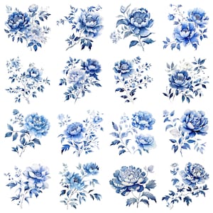 Niebieskie kwiaty chinoiserie, akwarela, grafika PNG (do pobrania)