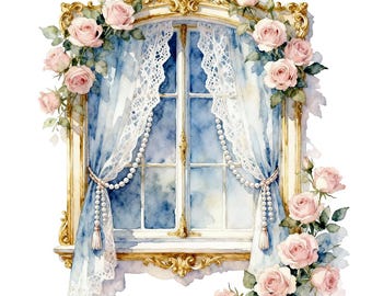 20 imágenes prediseñadas de puertas y ventanas de María Antonieta en acuarela - Archivos PNG imprimibles - Fondo transparente