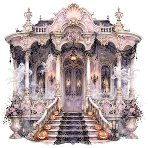 May include: A pale pink ornate gazebo with intricate architectural details, featuring black lace drapery, glowing jack-o'-lanterns on the steps, translucent white ghost figures, and large floral arrangements in decorative urns on both sides.