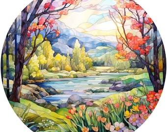 10 Stained Glass Spring Meadow Watercolor Clipart Circle Graphics - Printable PNG Files Transparent Background