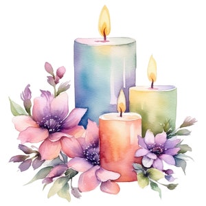 10 Watercolor Candles and Flowers Clipart - Digital Download PNG Files For Commercial Use Transparent Background - Cards, Papercraft