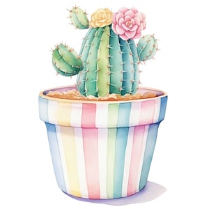 10 imágenes prediseñadas de cactus en maceta de acuarela: archivos PNG de descarga digital, uso comercial, fondo transparente, manualidades de papel y scrapbooking.
