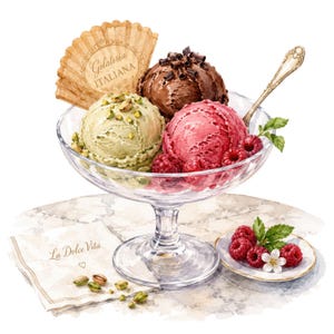 Può includere: Una coppa di gelato in vetro contenente tre palline di gelato al pistacchio, cioccolato e lampone. La pallina al cioccolato è guarnita con scaglie e quella al pistacchio con granella di noci. Una cialda a ventaglio riporta la scritta Gelateria Italiana.