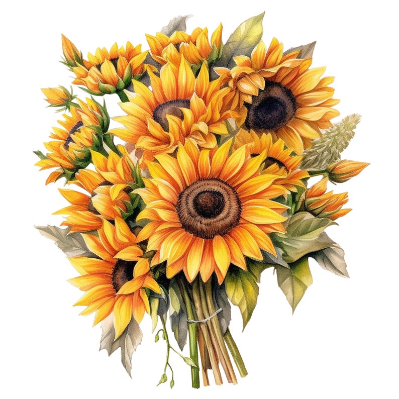 May include: A watercolor illustration of a bouquet of sunflowers. The sunflowers have bright yellow petals and dark brown centers. The bouquet is tied together with twine and features green leaves and stems.