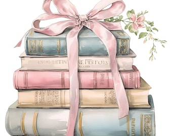 16 Pastel Cottage Shabby Chic Books Watercolor Clipart – Printable PNG Files, Transparent Background - Papercraft