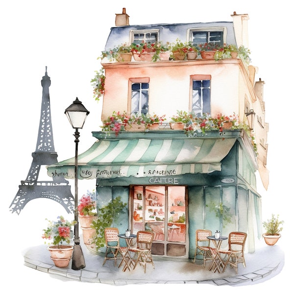 16 Cute Paris Cafe Clipart Watercolor Graphics - Digital Download PNG Files For Commercial Use Transparent Background - Cards, Papercraft