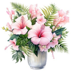 10 akwarelowych różowych hibiskusów kwiatowych clipart - cyfrowe pliki PNG do pobrania do użytku komercyjnego przezroczyste tło - karty, papierowe rzemiosło