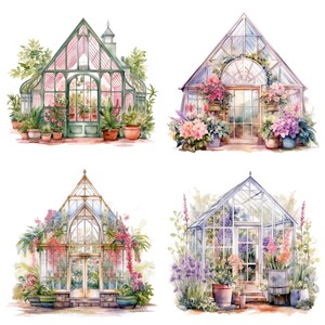 Puede incluir: Cuatro ilustraciones de acuarela de diferentes invernaderos con varias flores y plantas que crecen dentro y fuera. Los invernaderos son de diferentes formas y tama&ntilde;os, y todos est&aacute;n rodeados de exuberante vegetaci&oacute;n.