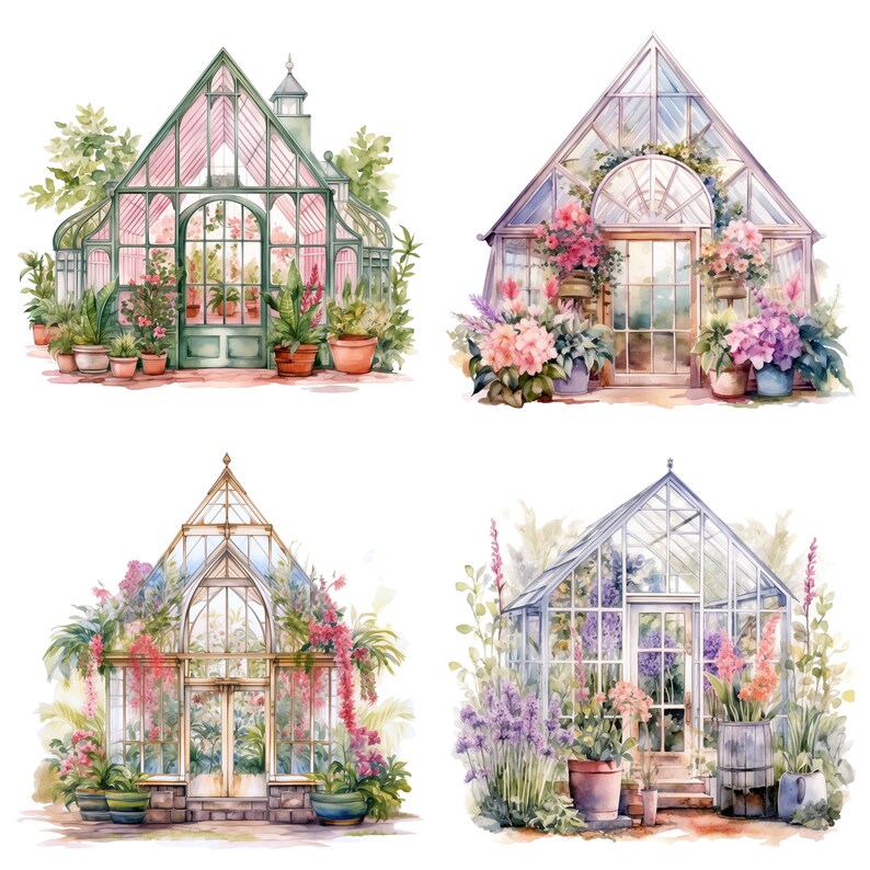 Puede incluir: Cuatro ilustraciones de acuarela de diferentes invernaderos con varias flores y plantas que crecen dentro y fuera. Los invernaderos son de diferentes formas y tama&ntilde;os, y todos est&aacute;n rodeados de exuberante vegetaci&oacute;n.