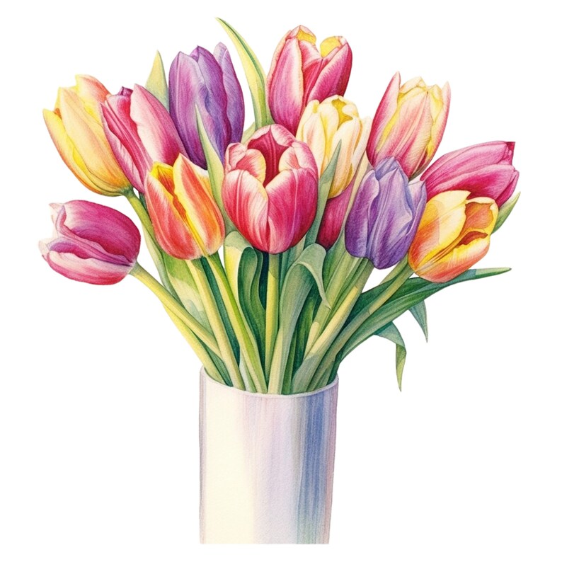 May include: A watercolor painting of a bouquet of tulips in a white vase. The tulips are in various colors, including yellow, red, pink, and purple. The green stems and leaves add contrast to the colorful flowers. The vase is simple and elegant.