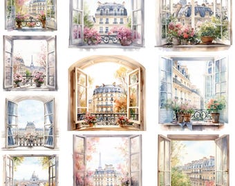 パリの窓辺の風景 Vol. 2 水彩クリップアート グラフィック 10 点