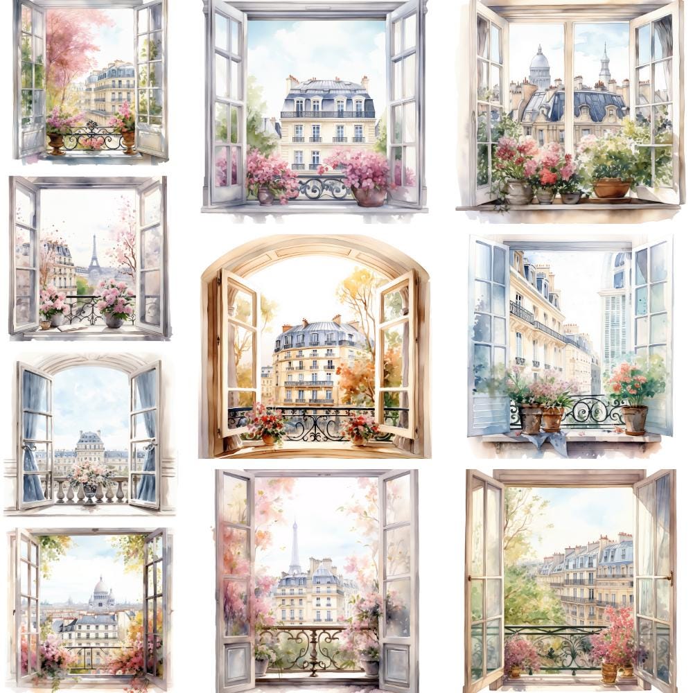 パリの窓辺の風景 Vol. 2 水彩クリップアート グラフィック 10 点
