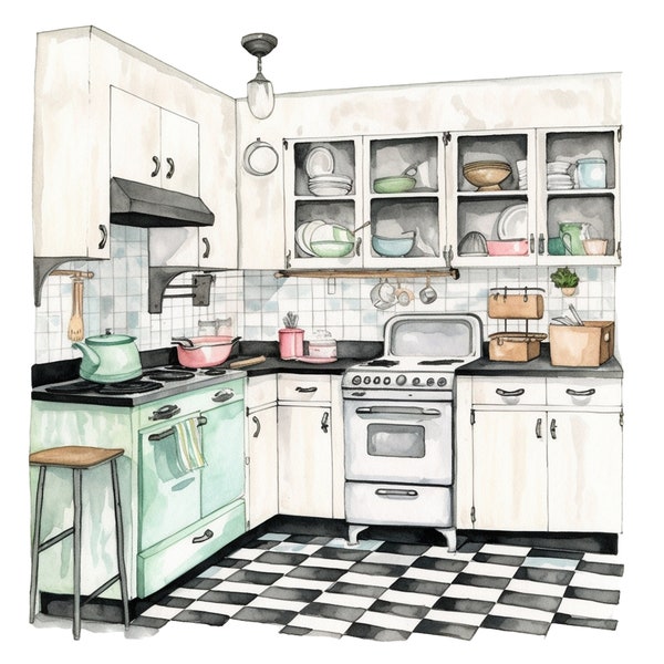 10 Cute Retro Kitchen Clipart Watercolor Graphics - Digital Download PNG Files For Commercial Use Transparent Background - Papercraft