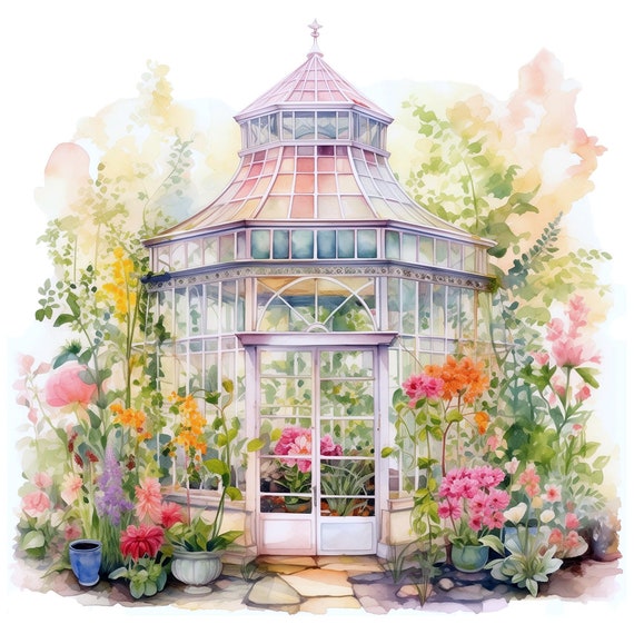 16 Watercolor Garden Greenhouse Clipart – Printable PNG Graphics, Transparent Background. Digital Download