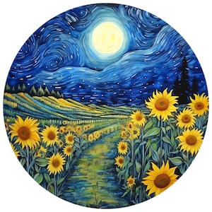 10 Night Sunflower Field Van Gogh Inspired Watercolor Circle Clipart - Fundo transparente PNG para impressão - adesivos, ímãs, papercraft