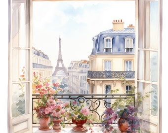 6 Watercolor Paris Window View Clipart Graphics - Digital Download PNG Files Transparent Background