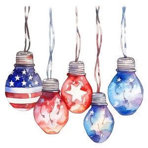 May include: A string of six light bulbs with red, white, and blue patriotic designs. The bulbs are hanging from a white background.