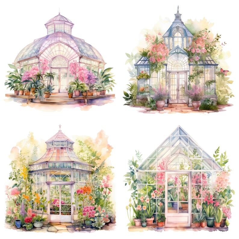 Puede incluir: Cuatro ilustraciones de acuarela de diferentes invernaderos de vidrio con vegetaci&oacute;n exuberante y flores. Los invernaderos son todos de diferentes formas y tama&ntilde;os, y todos est&aacute;n rodeados de una variedad de plantas.