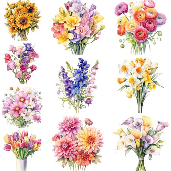 10 Watercolor Flower Bouquet Clipart – PNG Transparent Background, Printable Floral Graphics, Digital Download