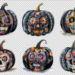 10 Watercolor Sugar Skull Pumpkins Clipart Graphics - Printable PNG ...