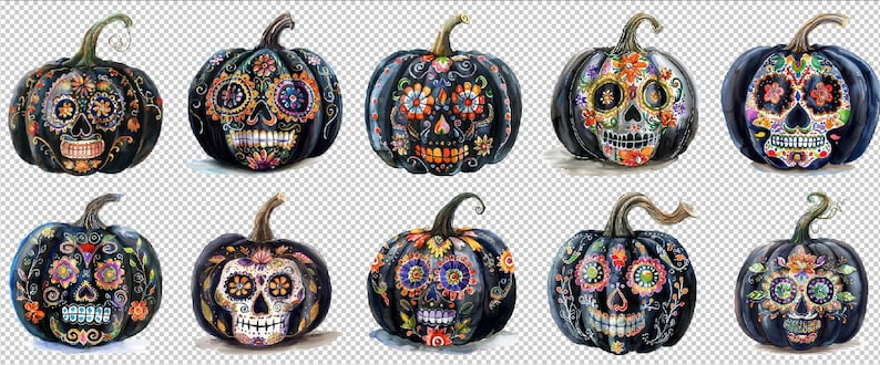 10 Watercolor Sugar Skull Pumpkins Clipart Graphics Printable PNG Files ...