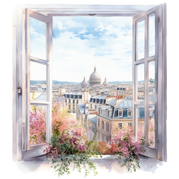 6 Watercolor Paris Window View Clipart Graphics - Digital Download PNG Files For Commercial Use Transparent Background - Papercraft, Cards