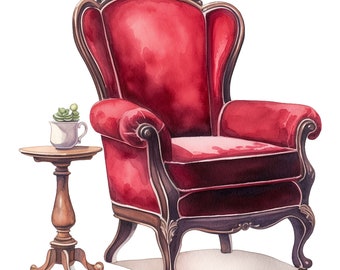 10 Watercolor Antique Red Velvet Arm Chair Furniture Clipart - PNG Files For Commercial Use Transparent Background - Papercraft, Journals